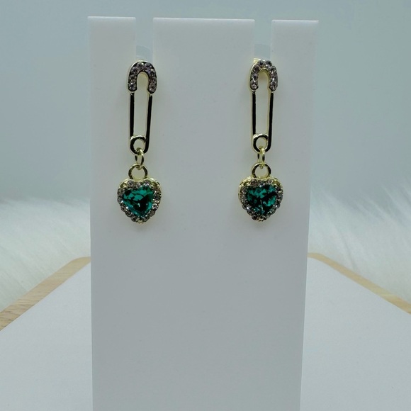 Green Heart w/ Rhinestones Dangle Earrings - Picture 3 of 5